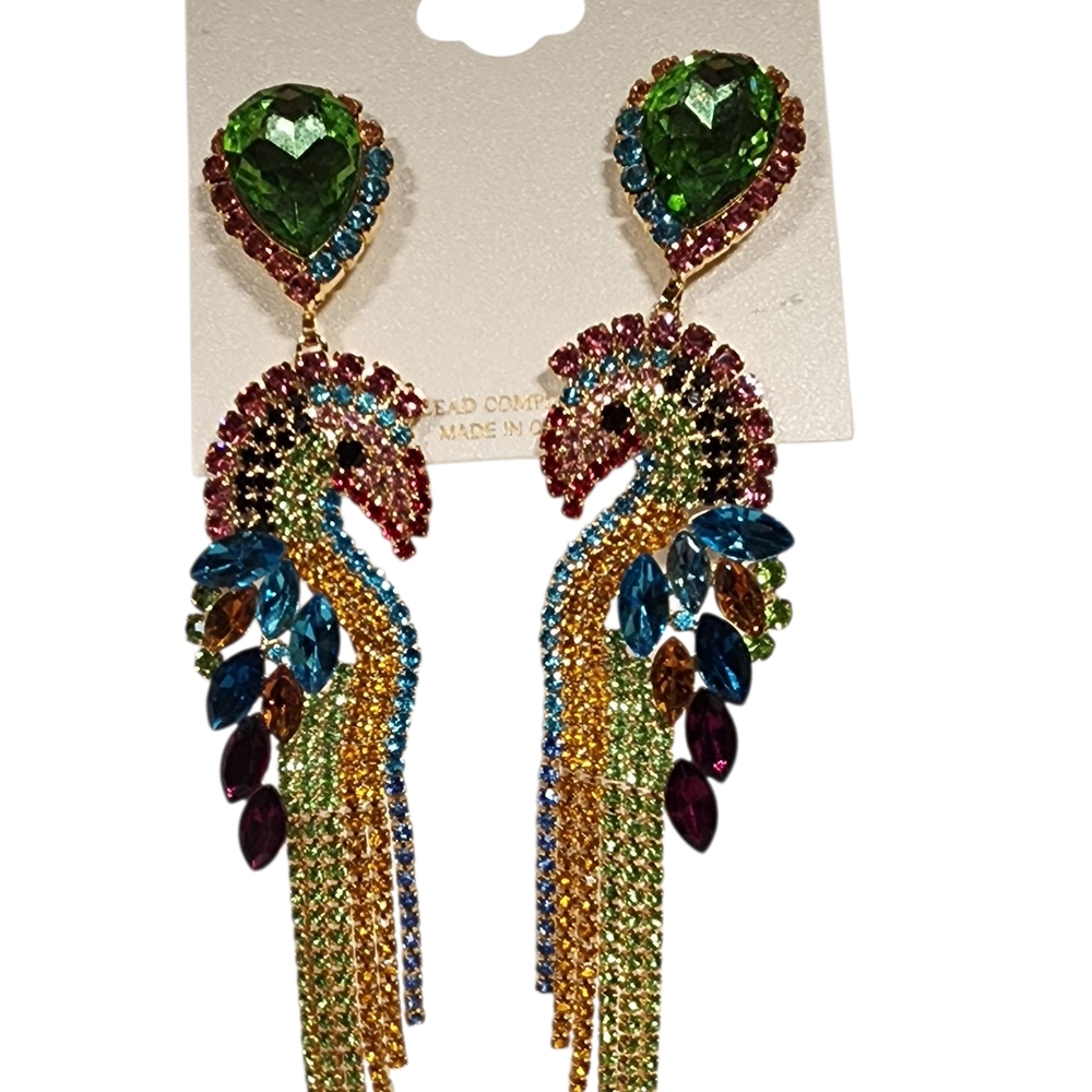Natasha Parrot Multi Color Rhinestone Dangle Linear Earrings (NEW)